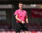 5 April 2025; Referee Shane O'Donoghue during the FAI Under 17 Cup final match between Midleton FC and Belvedere FC at Turners Cross Stadium in Cork. Photo by Michael P Ryan/Sportsfile
