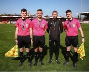 5 April 2025; Match officials from left, first assistant referee Oisin Walsh, referee Shane O'Donoghue, fourth official Patrick Roche, and second assistant referee Eoghan McAuliffe after the FAI Under 17 Cup final match between Midleton FC and Belvedere FC at Turners Cross Stadium in Cork. Photo by Michael P Ryan/Sportsfile