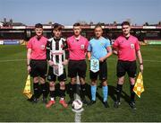 5 April 2025; Referee Shane O'Donoghue, centre, with from left, assistant referee Oisin Walsh, Midleton FC captain Ben Fitzgerald, Belvedere FC captain Rudy Flood and assistant referee Eoghan McAuliffe during the FAI Under 17 Cup final match between Midleton FC and Belvedere FC at Turners Cross Stadium in Cork. Photo by Michael P Ryan/Sportsfile