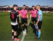 5 April 2025; Referee Shane O'Donoghue performs the coin toss during the FAI Under 17 Cup final match between Midleton FC and Belvedere FC at Turners Cross Stadium in Cork. Photo by Michael P Ryan/Sportsfile