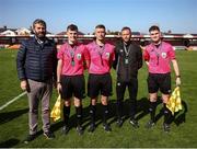 5 April 2025; FAI vice-president John Finnegan, left, with match officials from left, first assistant referee Oisin Walsh, referee Shane O'Donoghue, fourth official Patrick Roche, and second assistant referee Eoghan McAuliffe after the FAI Under 17 Cup final match between Midleton FC and Belvedere FC at Turners Cross Stadium in Cork. Photo by Michael P Ryan/Sportsfile