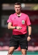 5 April 2025; Referee Shane O'Donoghue during the FAI Under 17 Cup final match between Midleton FC and Belvedere FC at Turners Cross Stadium in Cork. Photo by Michael P Ryan/Sportsfile