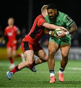 5 April 2025; Bundee Aki of Connacht in action against Johan Mulder of Cardiff Rugby during the EPCR Challenge Cup Round of 16 match between Connacht and Cardiff Rugby at Dexcom Stadium in Galway. Photo by Piaras Ó Mídheach/Sportsfile