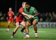 5 April 2025; Bundee Aki of Connacht in action against Johan Mulder of Cardiff Rugby during the EPCR Challenge Cup Round of 16 match between Connacht and Cardiff Rugby at Dexcom Stadium in Galway. Photo by Piaras Ó Mídheach/Sportsfile