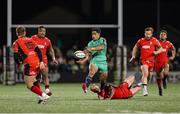 5 April 2025; Josh Ioane of Connacht in action against Johan Mulder of Cardiff Rugby during the EPCR Challenge Cup Round of 16 match between Connacht and Cardiff Rugby at Dexcom Stadium in Galway. Photo by Thomas Flinkow/Sportsfile