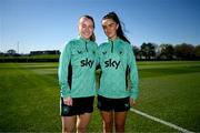 6 April 2025; Aoibheann Clancy, left, and Alex Kavanagh before a Republic of Ireland women's training session at the FAI National Training Centre in Abbotstown, Dublin. Photo by Stephen McCarthy/Sportsfile