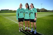 6 April 2025; Current SSE Airtricity Women's Premier Division players, Ruesha Littlejohn, Alex Kavanagh and Aoibheann Clancy pose for a photograph after a Republic of Ireland women's training session at the FAI National Training Centre in Abbotstown, Dublin. Photo by Stephen McCarthy/Sportsfile