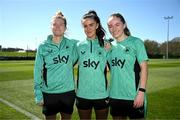 6 April 2025; Current SSE Airtricity Women's Premier Division players, Ruesha Littlejohn, Alex Kavanagh and Aoibheann Clancy pose for a photograph after a Republic of Ireland women's training session at the FAI National Training Centre in Abbotstown, Dublin. Photo by Stephen McCarthy/Sportsfile