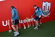 6 April 2025; Darragh Lyons, left, and Tadhg De Búrca of Waterford leave their hurleys in the player's tunnel as they walk the pitch before the Allianz Hurling League Division 1B final match between Waterford and Offaly at SuperValu Páirc Uí Chaoimh in Cork. Photo by Brendan Moran/Sportsfile