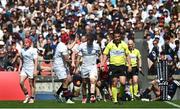 6 April 2025; Zac Ward is congratulated by Ulster teammate Tom Stewart, left, after scoring a try during the Investec Champions Cup Round of 16 match between Bordeaux Begles and Ulster at Stade Chaban-Delmas in Bordeaux, France. Photo by Ramsey Cardy/Sportsfile