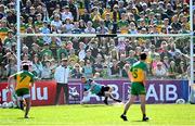 6 April 2025; Donegal goalkeeper Shaun Patton saves a penalty from Shane McGuigan of Derry during the Ulster GAA Football Senior Championship preliminary round match between Donegal and Derry at MacCumhaill Park in Ballybofey, Donegal. Photo by David Fitzgerald/Sportsfile