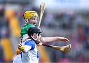 6 April 2025; Darragh Lyons of Waterford  in action against Dan Bourke of Offaly during the Allianz Hurling League Division 1B final match between Waterford and Offaly at SuperValu Páirc Uí Chaoimh in Cork. Photo by Piaras Ó Mídheach/Sportsfile
