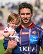 6 April 2025; Joey Carbery of Bordeaux Begles, with his son Beau, after the Investec Champions Cup Round of 16 match between Bordeaux Begles and Ulster at Stade Chaban-Delmas in Bordeaux, France. Photo by Ramsey Cardy/Sportsfile