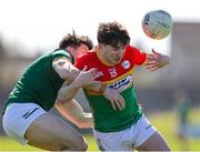 6 April 2025; Conor Crowley of Carlow in action against Seamus Lavin of Meath during the Leinster GAA Football Senior Championship round one match between Meath and Carlow at Pairc Tailteann in Navan, Meath. Photo by Thomas Flinkow/Sportsfile