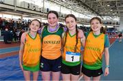5 April 2025; The Annalee A.C. Cavan under-13 girls relay team, from left, Annabell Mc Donagh, Amelia Keegan, Ciara Gallagher and Marianna Osojca during day three of the 123.ie National Indoor Juvenile Championships at the TUS Indoor Arena in Athlone, Westmeath. Photo by Matt Browne/Sportsfile