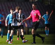 5 April 2025; Referee Shane O'Donoghue during the FAI Under 17 Cup final match between Midleton FC and Belvedere FC at Turners Cross Stadium in Cork. Photo by Michael P Ryan/Sportsfile