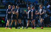 5 April 2025; Leinster players, from left, Jamie Osborne, Sam Prendergast, Robbie Henshaw, Jack Boyle, Tadhg Furlong and Jordie Barrett after the Investec Champions Cup Round of 16 match between Leinster and Harlequins at Croke Park in Dublin. Photo by Brendan Moran/Sportsfile