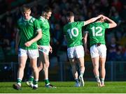 5 April 2025; Sean Clancy of Limerick is consoled by teammate Paul Maher as he leaves the field after receiving a red card during the Munster GAA Football Senior Championship quarter-final match between Limerick and Cork at TUS Gaelic Grounds in Limerick. Photo by Tom Beary/Sportsfile