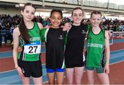 5 April 2025; The Clongriffin A.C. under-13 girls relay team, from left, Orlaith O'Grady, Zara Akinsowon, Mia Sinclair and Niamh O'Farrell during day three of the 123.ie National Indoor Juvenile Championships at the TUS Indoor Arena in Athlone, Westmeath. Photo by Matt Browne/Sportsfile