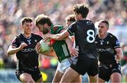 6 April 2025; Aidan O'Shea of Mayo in action against Sligo players, from left, Eddie McGuinness, Canice Mulligan and Paul McNamara during the Connacht GAA Football Senior Championship quarter-final match between Mayo and Sligo at Hastings Insurance MacHale Park in Castlebar, Mayo. Photo by Sam Barnes/Sportsfile