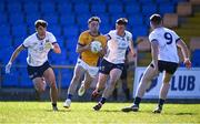 6 April 2025; Aaron Farrell of Longford in action against Patrick O'Keane, 6, John Paul Nolan and Liam O Neill of Wicklow, 9, during the Leinster GAA Football Senior Championship round one match between Longford and Wicklow at Glennon Brothers Pearse Park in Longford. Photo by Ray McManus/Sportsfile