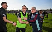 6 April 2025; Mayo manager Kevin McStay shakes hands with Sligo selector Aaron Kernan after the Connacht GAA Football Senior Championship quarter-final match between Mayo and Sligo at Hastings Insurance MacHale Park in Castlebar, Mayo. Photo by Sam Barnes/Sportsfile
