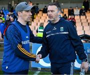 6 April 2025; Longford manager Mike Solan, left, and Wicklow manager Oisín McConville shake hands after the Leinster GAA Football Senior Championship round one match between Longford and Wicklow at Glennon Brothers Pearse Park in Longford. Photo by Ray McManus/Sportsfile