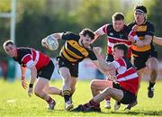 6 April 2025; Ben Crotty of County Carlow is tackled by Brian Johnston of Wicklow during the Bank of Ireland Provincial Towns Cup Semi-Final match between Wicklow RFC and County Carlow RFC at Silken Thomas Park in Kildare. Photo by Seb Daly/Sportsfile