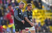 5 April 2025; La Rochelle head coach Ronan O'Gara, left, and Ihaia West before the Investec Champions Cup Round of 16 match between La Rochelle and Munster at Stade Marcel Deflandre in La Rochelle, France. Photo by Ramsey Cardy/Sportsfile