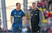 5 April 2025; Munster attack coach Mike Prendergast, left, and La Rochelle head coach Ronan O'Gara before the Investec Champions Cup Round of 16 match between La Rochelle and Munster at Stade Marcel Deflandre in La Rochelle, France. Photo by Ramsey Cardy/Sportsfile