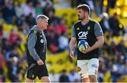 5 April 2025; La Rochelle head coach Ronan O'Gara, left, and Grégory Alldritt before the Investec Champions Cup Round of 16 match between La Rochelle and Munster at Stade Marcel Deflandre in La Rochelle, France. Photo by Ramsey Cardy/Sportsfile