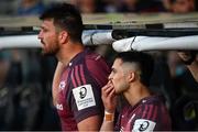 5 April 2025; Thaakir Abrahams, right, and Jean Kleyn of Munster watch on in the final moments of the Investec Champions Cup Round of 16 match between La Rochelle and Munster at Stade Marcel Deflandre in La Rochelle, France. Photo by Ramsey Cardy/Sportsfile