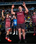 5 April 2025; Oli Jager, centre, and Craig Casey of Munster celebrate in the final moments of the Investec Champions Cup Round of 16 match between La Rochelle and Munster at Stade Marcel Deflandre in La Rochelle, France. Photo by Ramsey Cardy/Sportsfile