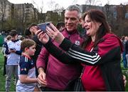 6 April 2025; Galway manager Pádraic Joyce takes a selfie with a supporter after their side's victory in the Connacht GAA Football Senior Championship quarter-final match between New York and Galway at Gaelic Park in New York, USA. Photo by Shauna Clinton/Sportsfile