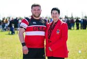 6 April 2025; Wicklow captain Shane Farrar and president Ann Morrissey before the Bank of Ireland Provincial Towns Cup Semi-Final match between Wicklow RFC and County Carlow RFC at Silken Thomas Park in Kildare. Photo by Seb Daly/Sportsfile