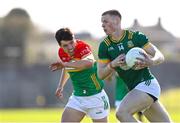 6 April 2025; Mathew Costello of Meath in action against Paddy McDonnell of Carlow during the Leinster GAA Football Senior Championship round one match between Meath and Carlow at Pairc Tailteann in Navan, Meath. Photo by Thomas Flinkow/Sportsfile