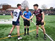 6 April 2025; New York captain Shane Brosnan shakes hands with Galway captain Seán Kelly in front of referee Joe McQuillan before the Connacht GAA Football Senior Championship quarter-final match between New York and Galway at Gaelic Park in New York, USA. Photo by Shauna Clinton/Sportsfile