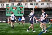 6 April 2025; New York players Rob Wharton, right, and Killian Butler dejected after their side's defeat in the Connacht GAA Football Senior Championship quarter-final match between New York and Galway at Gaelic Park in New York, USA. Photo by Shauna Clinton/Sportsfile