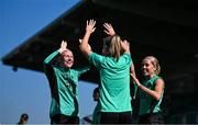 7 April 2025; Players, from left, Amber Barrett, Heather Payne and Denise O’Sullivan during a Republic of Ireland women's training session at Tallaght Stadium in Dublin. Photo by Stephen McCarthy/Sportsfile