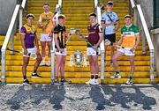 7 April 2025; In attendance at the launch of the 2025 Leinster GAA Senior Hurling Championship at UPMC Nowlan Park in Kilkenny are, from left, Lee Chin of Wexford, Paddy Burke of Antrim, John Donnelly of Kilkenny, Cianán Fahy of Galway, Brian Hayes of Dublin and Ciarán Burke of Offaly, alongside the Bob O'Keeffe Cup. Photo by Sam Barnes/Sportsfile
