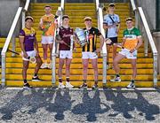 7 April 2025; In attendance at the launch of the 2025 Leinster GAA Senior Hurling Championship at UPMC Nowlan Park in Kilkenny are, from left, Lee Chin of Wexford, Paddy Burke of Antrim, Cianán Fahy of Galway, John Donnelly of Kilkenny holding the Bob O'Keeffe Cup, Brian Hayes of Dublin and Ciarán Burke of Offaly. Photo by Sam Barnes/Sportsfile