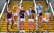 7 April 2025; In attendance at the launch of the 2025 Leinster GAA Senior Hurling Championship at UPMC Nowlan Park in Kilkenny are, from left, Lee Chin of Wexford, Paddy Burke of Antrim, Cianán Fahy of Galway, John Donnelly of Kilkenny holding the Bob O'Keeffe Cup, Brian Hayes of Dublin and Ciarán Burke of Offaly. Photo by Sam Barnes/Sportsfile