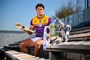 7 April 2025; Wexford hurler Lee Chin poses for a portrait with the Bob O'Keeffe Cup at the launch of the 2025 Leinster GAA Senior Hurling Championship at UPMC Nowlan Park in Kilkenny. Photo by Sam Barnes/Sportsfile