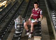7 April 2025; Galway hurler Cianán Fahy poses for a portrait with the Bob O'Keeffe Cup at the launch of the 2025 Leinster GAA Senior Hurling Championship at UPMC Nowlan Park in Kilkenny. Photo by Sam Barnes/Sportsfile