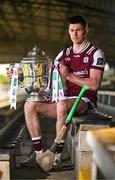 7 April 2025; Galway hurler Cianán Fahy poses for a portrait with the Bob O'Keeffe Cup at the launch of the 2025 Leinster GAA Senior Hurling Championship at UPMC Nowlan Park in Kilkenny. Photo by Sam Barnes/Sportsfile