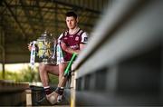 7 April 2025; Galway hurler Cianán Fahy poses for a portrait with the Bob O'Keeffe Cup at the launch of the 2025 Leinster GAA Senior Hurling Championship at UPMC Nowlan Park in Kilkenny. Photo by Sam Barnes/Sportsfile