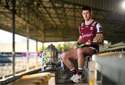 7 April 2025; Galway hurler Cianán Fahy poses for a portrait with the Bob O'Keeffe Cup at the launch of the 2025 Leinster GAA Senior Hurling Championship at UPMC Nowlan Park in Kilkenny. Photo by Sam Barnes/Sportsfile