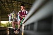 7 April 2025; Galway hurler Cianán Fahy poses for a portrait with the Bob O'Keeffe Cup at the launch of the 2025 Leinster GAA Senior Hurling Championship at UPMC Nowlan Park in Kilkenny. Photo by Sam Barnes/Sportsfile