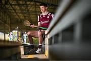 7 April 2025; Galway hurler Cianán Fahy poses for a portrait with the Bob O'Keeffe Cup at the launch of the 2025 Leinster GAA Senior Hurling Championship at UPMC Nowlan Park in Kilkenny. Photo by Sam Barnes/Sportsfile