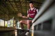 7 April 2025; Galway hurler Cianán Fahy poses for a portrait with the Bob O'Keeffe Cup at the launch of the 2025 Leinster GAA Senior Hurling Championship at UPMC Nowlan Park in Kilkenny. Photo by Sam Barnes/Sportsfile
